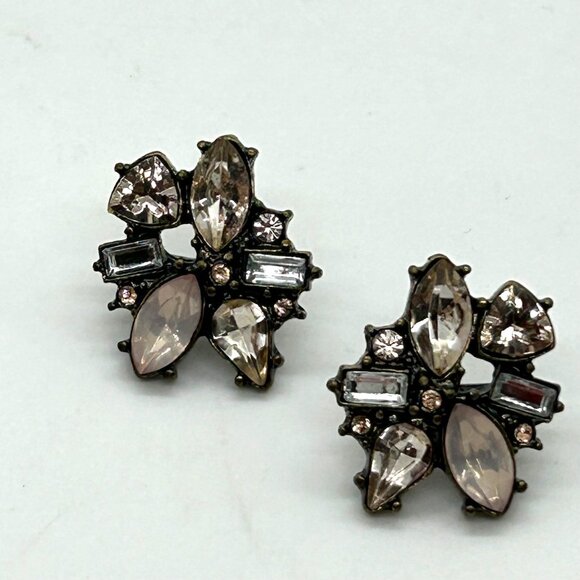 Rhinestone Floral Stud Earrings, BaubleBar Pink & Clear Gun Metal Tone Pierced - Picture 3 of 13